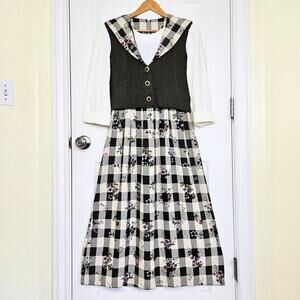 Vintage 90s Dress Tie Back Vest Sailor Collar Gingam Floral Cottage Modest Sz 6